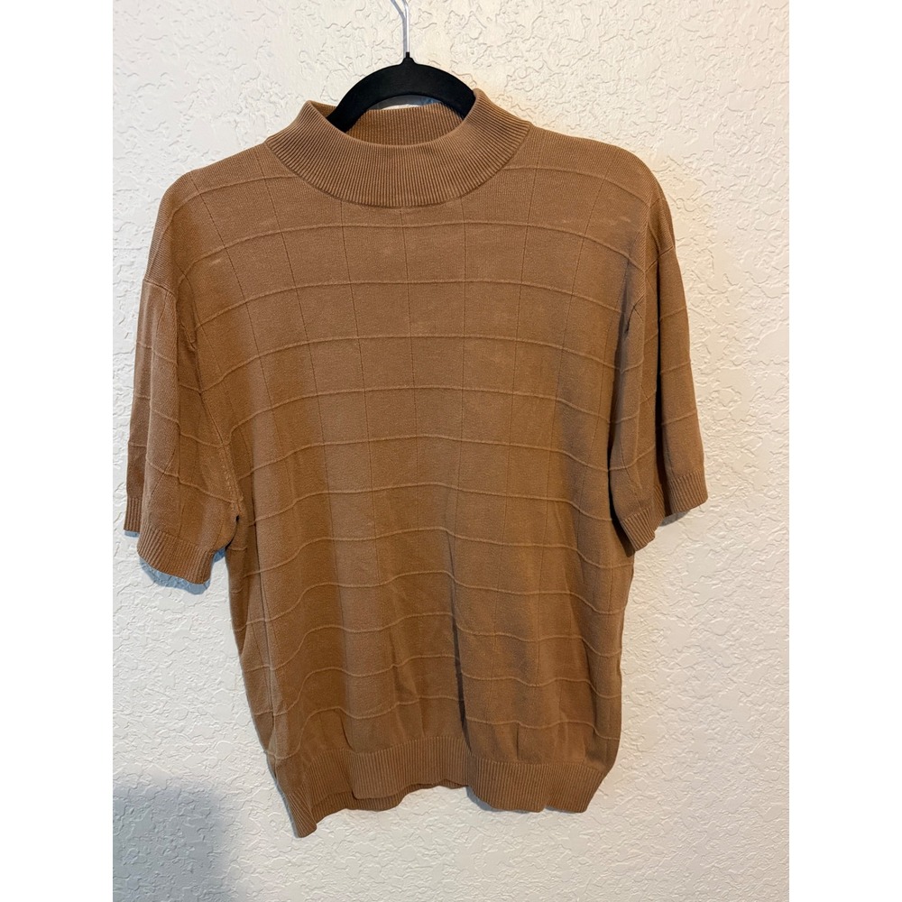 Paul Fredrick 100% Silk Mock Neck Knit Shirt Medium Tan Grid Minimalist Luxury